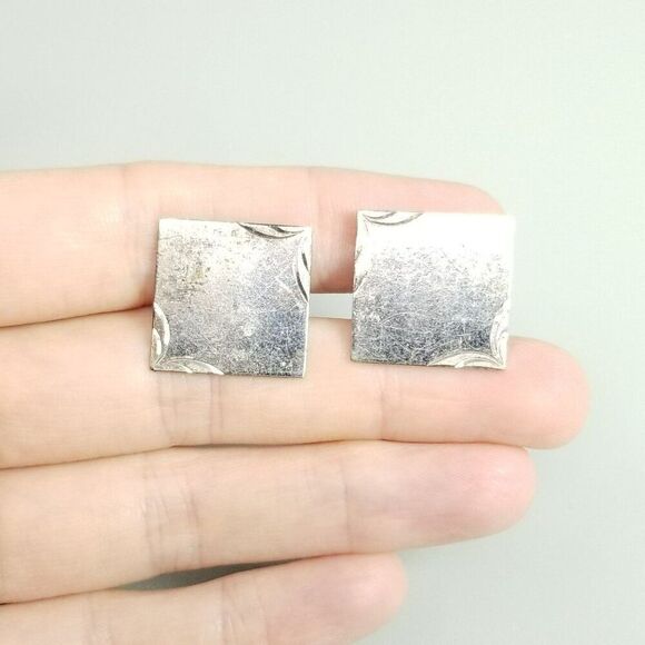 Vintage LaMode Sterling Silver Square Etched Bullet Back Cufflinks, Estate - Picture 8 of 8